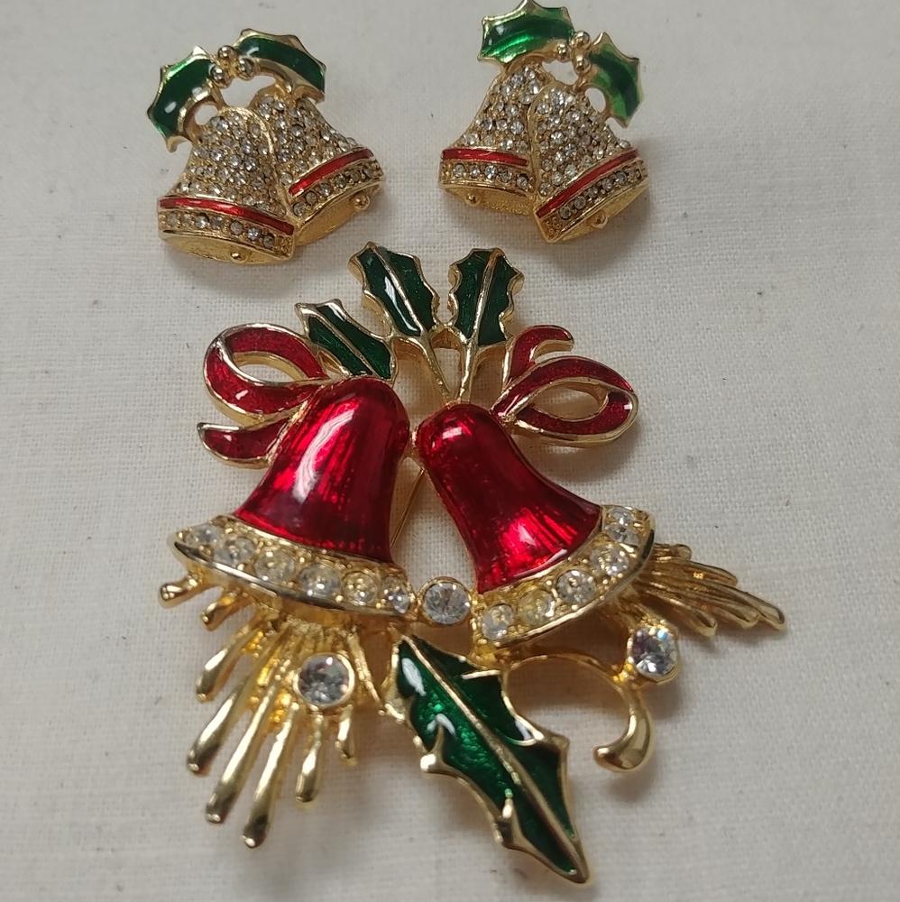 Christmas earrings and brooch holiday Bells